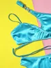 Biquíni de banho feminina se sexy azul um ombro 2024 Mujer High Swimsuits Swimsuits Mulher Bandagem Cruzada Coscela