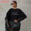 Zekye Summer Oversized Black t Shirts For Woman Luxury Rhinestone Letter Chic Casual O Neck Goth Loose Basic T -shirt Harajuku 240416