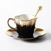 Tasses 140 ml tasse de café en céramique nordique avec soucoupe et cuillère ménage après l'après-midi couple de fleurs noires 1 pcs