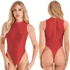 Women's Swimwear Womens Glossy Crotchless Bodysuit Sexy Oil Shiny High Cut Thong Leotard One Piece Swimsuit Pole Dance Clubwear