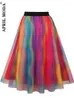 Kjolar 2024 modegradient tyll mesh söt svängfest kjol elegant färgglad hög midja elastisk bollklänning kort midi