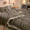 Pink Ruffled Seersucker Duvet Cover Set 34pcs Soft Lightweight Down Alternative Grey Bedding Set with Bed Skirt and Pillowcases 240424