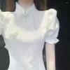 エスニック服ヴィンテージホワイトチョンサムドレスチャイニーズスタイルセクシーなスプリット夏のQIPAO VESTIDOスリムな若い女の子エレガントパーティーオリエンタル