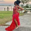 Shine Red Prom Promes с пером блестящей блестящей русалкой Aso Ebi Promdress Элегантное вечернее платье с чернокожими женщинами 2024