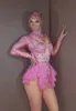 Stage desgaste de stromstones Bodysuit Mulheres elásticas malha rosa babados de cristal collant boyclub dançarina traje de fase de desgaste de desgaste