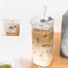 Tumblers 400 ml vierkante transparante glazen waterbeker met deksel en stro ijs koffie Mok hittebestendig zomersapdrank H240425