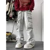 Mäns jeans ljusblå last jeans herrar lapptäcke raka casual byxor män muti-pockets hip hop streetwear lösa mode byxor 240423