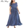 Vestido de tamanho grande mulheres de verão de manga curta Polca impressão boho praia vestidos com cinto túnica solta maxi long 240420