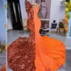 Siyah kız şeffaf boynu denizkızı parti elbiseleri için ışıltı turuncu balo elbiseleri uzun kollu bir omuz pullu vestidos de festa