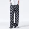 Mäns jeans 2024 Summer Men Checkered Denim Trousers Man Oversize Loose Casual Wide Ben Pants Streetwear Harajuku kläder