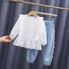 Ensembles de vêtements printemps et automne ensemble de vêtements bébé ensemble de vêtements de vêtements pour bébé fille + pantalon en denim 2024 ensemble de perles 2 à 6 ans Q240425