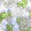 Fiori del matrimonio Janevini Vintage Satin Rose Bridal Bouquet Crystal White Green White Bilded con nastro