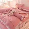sets Pink Lace Ruffle Bowknot Duvet Cover Bed Skirt Linens Pillowcases Luxury Bedding Set For Girls Woman Decor Home