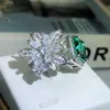 Band Rings Exquisite Square Flower Ladies Opening Ring 925 Stamp Fashion Full Diamond Set Green Zircon Party Wedding Gift H240425