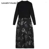 Casual Dresses Maryyimei Autumn/Winter Fashion Women's Dress Långärmning Stickning Patchwork Print Black Pending Elegance