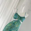 Casual Dresses Lace Splicing Dress Green Jacquard Drawstring Tank Women 2024 Summer Evening Party Slim Elastic Waist Long Maxi Dresse