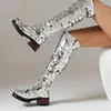 Boots Plus Size Circular Sequins Cover The Upper With Cross Straps Zippers Women's Over Knee Wood Grain Thick Heel Long Boot