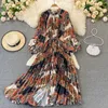 Chiffon Floral Printing Boho Robe Femme manches bouffées à lacets hauts hauts robes plissées midi