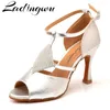 Dansschoenen ladingwu latin dames elegant ontwerp salsa zilveren textuur pu balroom sotft bodem sandalen