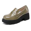 Dress Shoes Women Fashion Echt lederen Loafers Britse stijl Round Toe Platform Plus Maat 41 42 43 Black Green Heels Pumps School