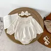 Rompers Baby Clothes Infant Girls Bodysuits Waffle One Piece Lace Collar Clothes And Headband H240425