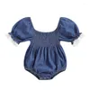 Rompers Baby Girls Summer Denim Romper Blue Short Puff Sleeve Lace Sier Square Neck Tops