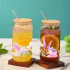 Gobelers 1pc Flower Series Verre à boire transparent avec couvercle en bambou et paille tasse de café Juice Brinks Drinkware Gift For Friend H240425