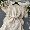 Party Dresses France Elegant Summer White Lace Midi Dress High Quality Women O Neck Embroidery Flower Mesh Up Office Ladies Vestidos