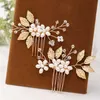 Wedding Hair Jewelry Gold Color Crystal Pearl Hair Comb Clip Hairpin Rhinestone Leaf Wedding Hair Comb Bridal Wedding Hair Accessories Jewelry Comb d240425