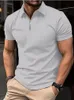 Summer Men Stripe Fashion Short Sleeve Lightweight Business Casual Polo Shirt Half Zip Solid Elastic Office Tshirt 240417