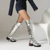Boots Plus Size Circular Sequins Cover The Upper With Cross Straps Zippers Women's Over Knee Wood Grain Thick Heel Long Boot