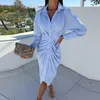 Ladies Elegant Solid Fold Irregular Skirt Casual Long Sleeves Ttrn-down Collar Button Cardigan Shirt Dress Spring Summer Dresses 240417