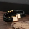 Bracelets de charme jiayiqi punk sórcio de aço inoxidável homem pulseira de bracelete magnético Mutilayer em couro, embrulhando banglles banglles de joias de jóias