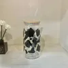 Tumblers Dairy Cow Pattern Pright Pringing Glass Can с бамбуковой крышкой соломенной кофейной подарка для друзей для друзей летняя чашка 17 унций H240425