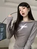 Women's T Shirts One-line Shoulder Gray Print Long Sleeve T-shirt Autumn Pure Desire Spice Chic Off-the-shoulder Slim-fit Base Top