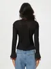 Camisetas de las mujeres Fashion Womens Spring Autumn Slim Tops Negro Long Long Camiseta Cuadrada Camiseta de encaje Piel Friendly S M L