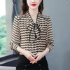 Women's Blouses 2024 Spring Shawl Collar Bow Polka Dot Printing Long Sleeve Chiffon Shirt Women Lace Patchwork Elegant Korean Style Blouse