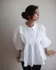 Blouses pour femmes Arrivée Lady Middle Bubble Sleve O-cou tops blanc Tops Sweet Girl A-Line Pan Collar Pullover Loose Blouse