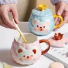 Mugs Ceramic Cartoon Bear Hand Painted Coffee Breakfast Milk Mug With Spoon And Lid Couple Water Cup Office Teacup Drinkware 380ML