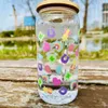 Tumblers 16 унций милые наклейки, выпивая стеклянная банка с бамбуковой крышкой, соломенная кофе, кофе, подарка для друзей Summer Cup H240425