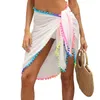 Women Sarongun CoverUp Chiffon Bikini embrulhando pura de roupas de banho sexy praia casual com borla colorida de pompom