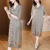 Party Dresses 2024 Fashion Silk Printed Dress Women's Summer Versatile Doll Neck Short Sleeve Loose Fit Casual Holiday Vestidos