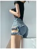 Women's Shorts Side Hollow Design Blue Denim Summer Irregular Mini Skinny Jeans Female Ragged Fringe Pants