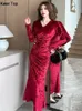 Casual Dresses Elegant Slim V Neck Party Prom Female Spring Sexy Split Long Sleeve Velvet Solid Robe Women Autumn Simple Clothes Mujers