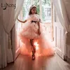 Girl Dresses High Low Tiered Puffy Tulle Flower Kids Peach Pink Wedding Party Gowns With Sash Strapless Girls Pageant Dress