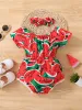Endelar sommar kortärmad baby flickors vattenmelon tryckt babykläder bodysuits onesie+söt casual flicka klänning med pannband
