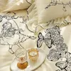 Bedding Sets Vintage Rose Flower Butterfly Lace Ruffles Princess Set 100S Egyptian Cotton Quilt/Duvet Cover Bed Sheet Pillowcases