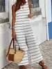 Women's Jumpsuits Rompers Striped printed tank jumpsuit casual wide leg strapless crew neck jumpsuit womens clothing Y240425