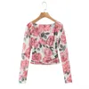 Camicie da donna 2024 Bazalea Primavera estate Crop Top y2k Floral Stampa maglia Women Sexy Cross V Neck Lady Magliette drappeggiate