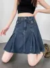 Scherma della gonna a pieghe di denim blu retrò per donne 2024 Summer in stile estivo High Waist A-Line Mini Skort Girl Jean Short